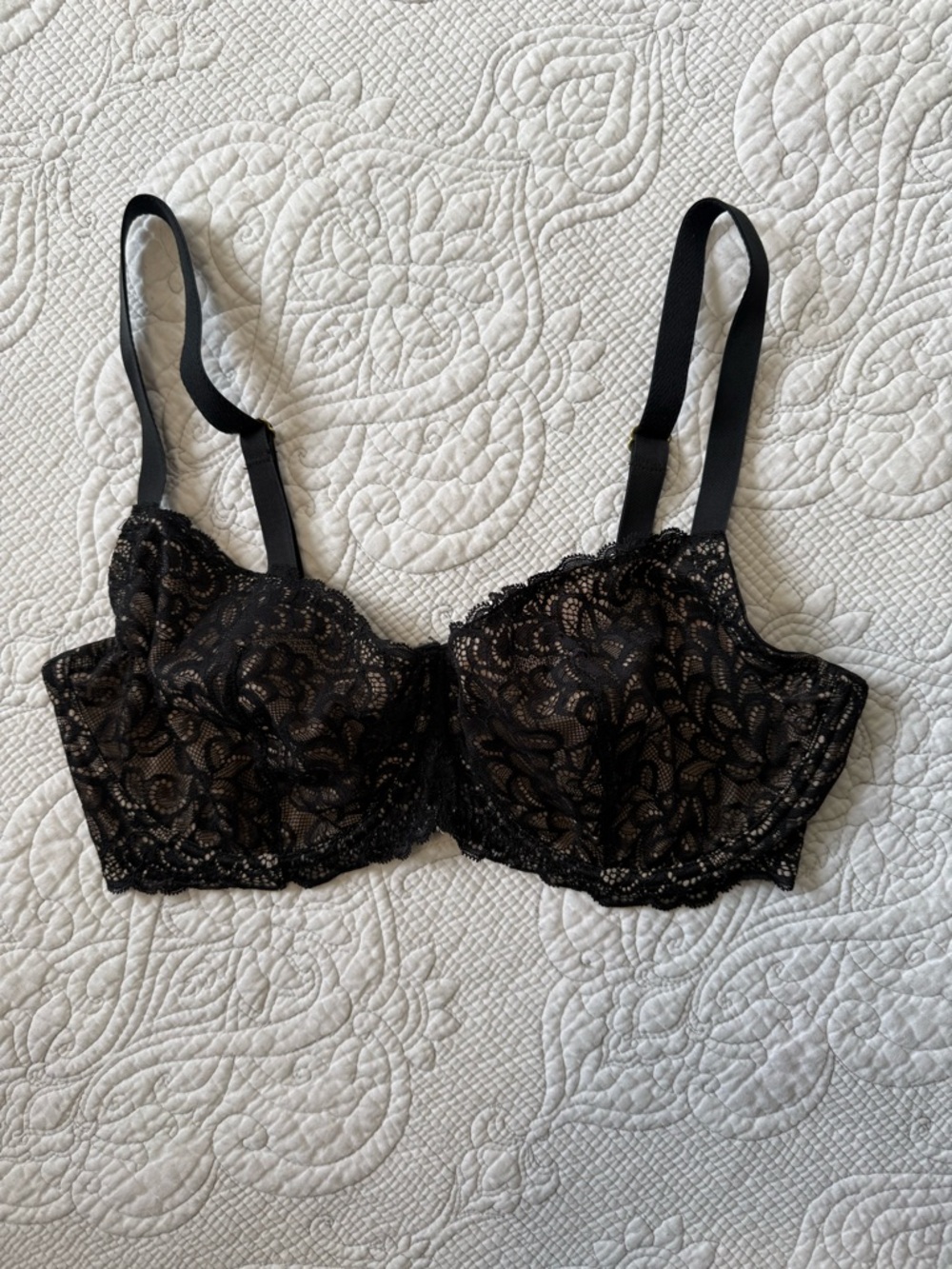 True & Co. Gramercy Black Lace Balconette Underwire Bra with Sheer Overlay